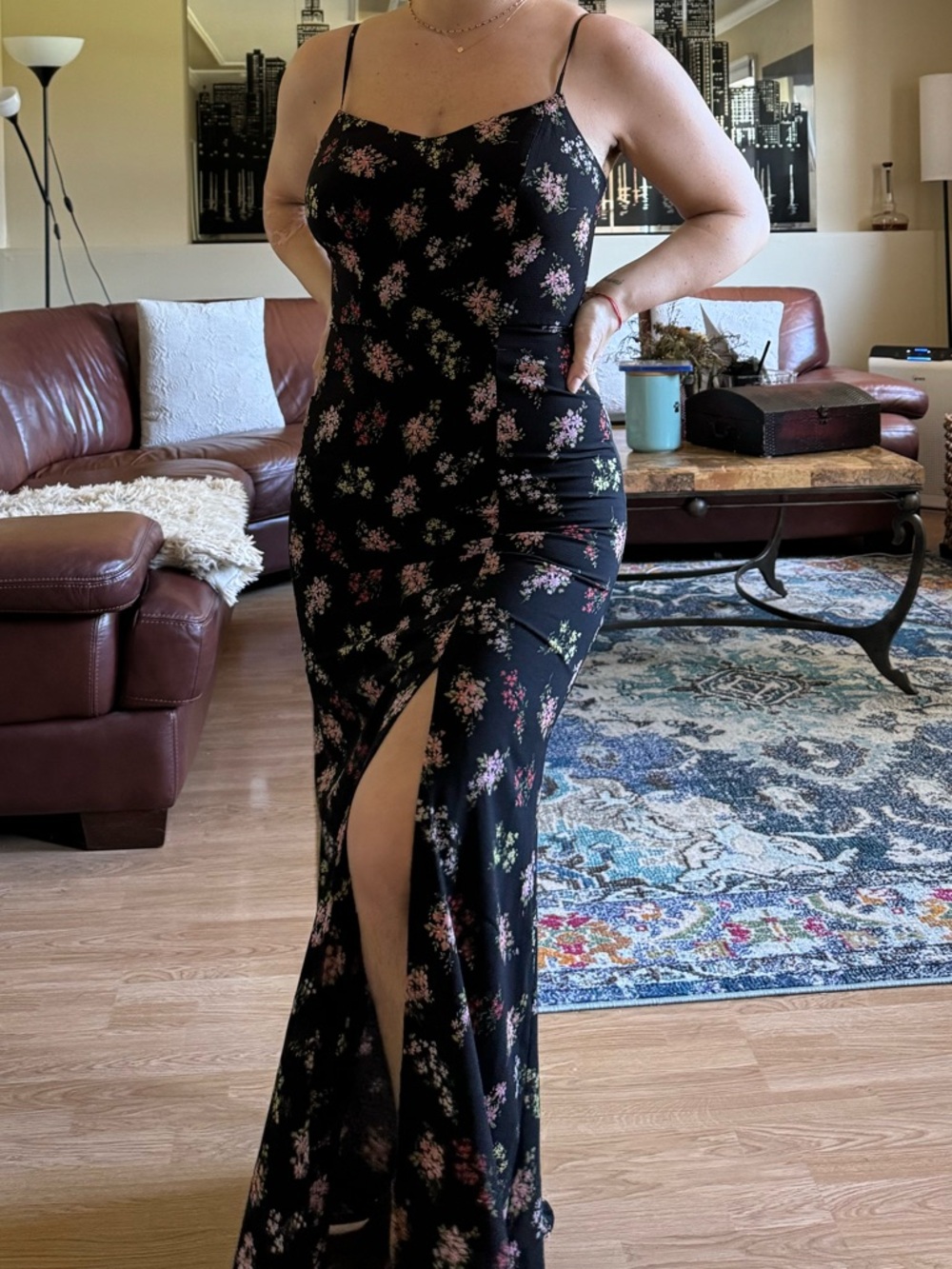 B Darlin Black Floral Slip Maxi Dress with Pink Blooms